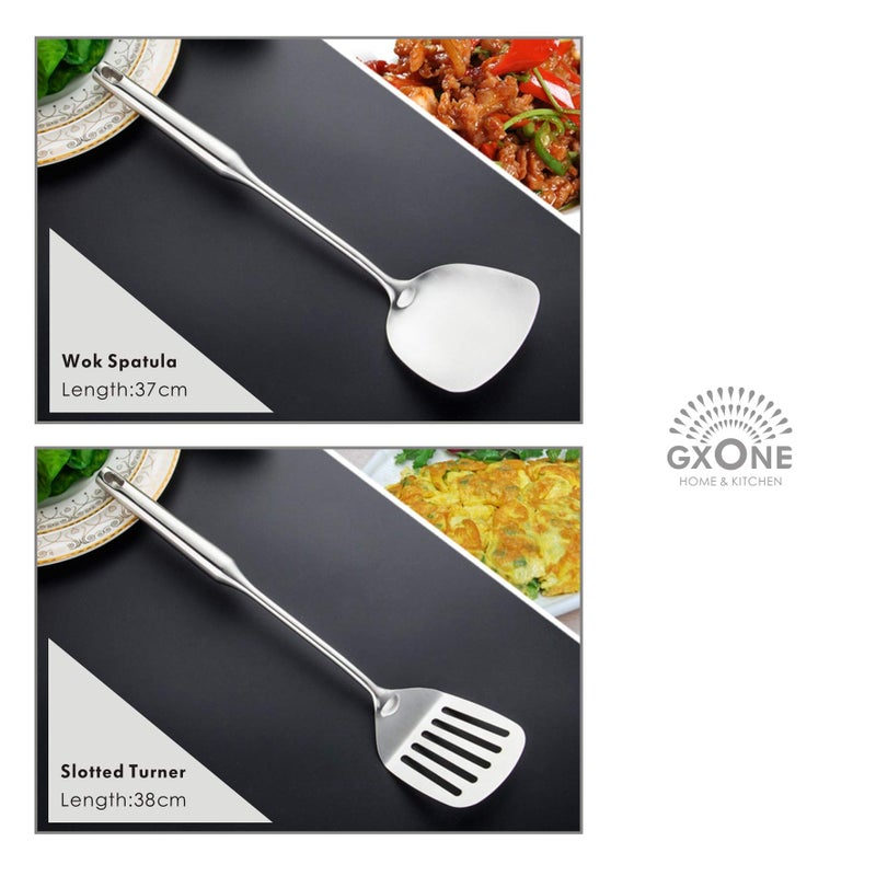 GXONE Kitchen Utensil Set â€“ 6 Piece Stainless Steel Cooking Utensils with Rotating Holder Organizer Includes Slotted Spoon, Slotted Spatula, Large Spoon, Soup Ladle, Spatula, Pasta Server Silver/7PCS - Image 2